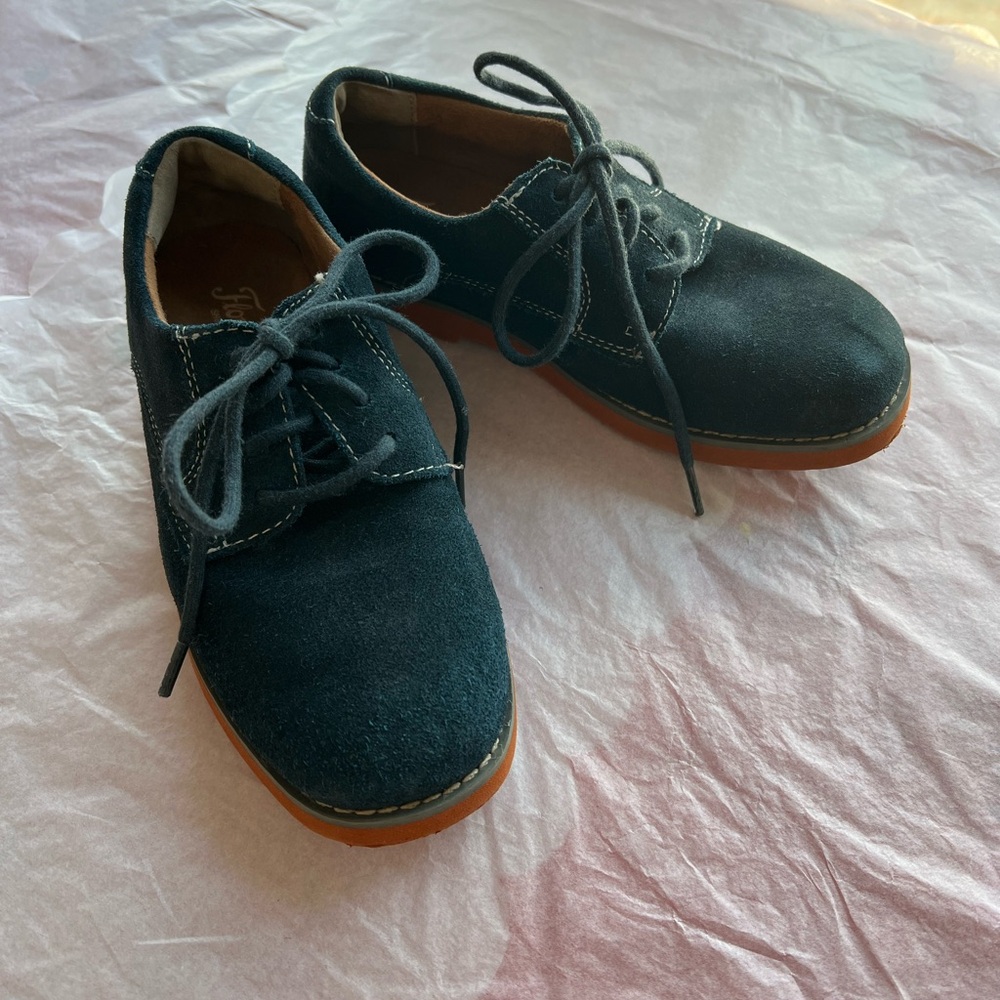 EUC Florsheim suede boys 12M blue oxford dress shoes overstitching rubber soles